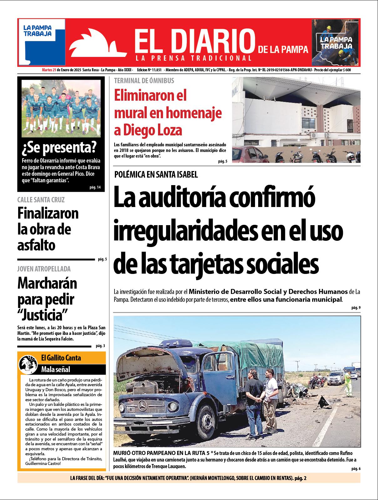Tapa de El Diario en papel  martes 21 de enero de 2025